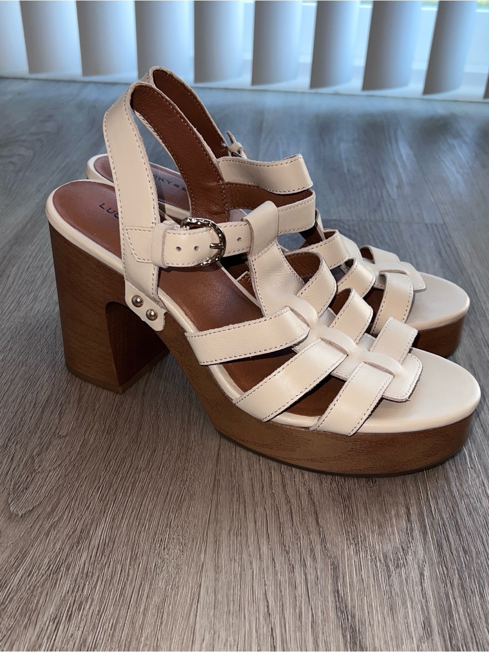 Lucky Brand Imana Cream Leather Strappy Platform Block Heel Sandals Women's 9 M